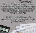 AARP Tax-Aide flier with calculator, tax documents, and pencil at bottom