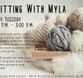 Flier with bowl of balls of tan and gray yarns