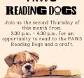 Flier with English Bulldog puppy wearing glasses with a stack of books