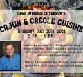 Pot of corn on the cob, crawdads, potatoes, and lemons with a picture of Chef Warren on the left