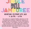 Jingle Bell Jamboree logo on pink background with snowflakes.