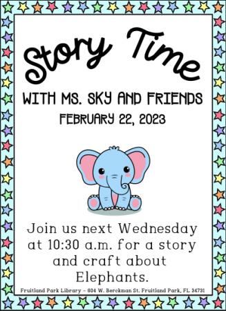 Light blue flier with a colorful star border and an elephant in the center.