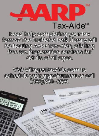 AARP Tax-Aide flier with calculator, tax documents, and pencil at bottom