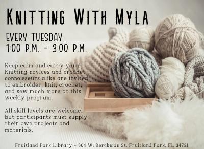 Flier with bowl of balls of tan and gray yarns