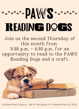 Flier with English Bulldog puppy wearing glasses with a stack of books