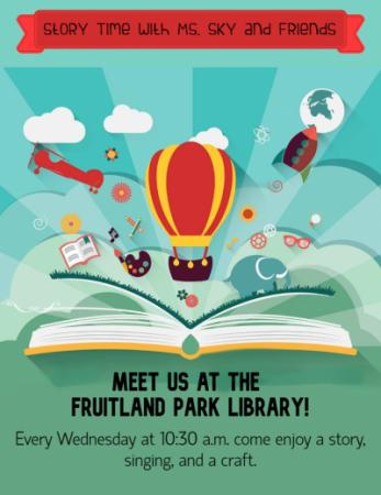 Green and Blue flier with an open book and a hot air balloon above book