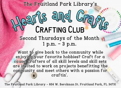 Crafting supplies line a white background with "Hearts and Crafts" club name in bright blue text in the middle.