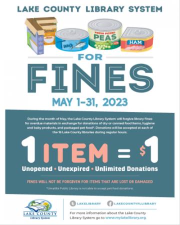 Food for Fines. 1 item=$1. Canned goods decorate flier.