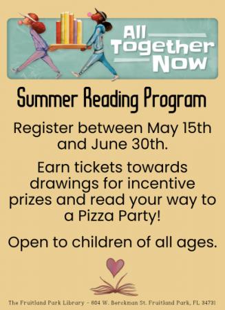 Summer Reading Program. Register between May 15 until June 30. Two girls holding a stack of books.